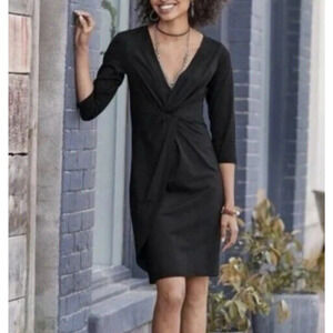 Sundance Dress Womens Large Black Faux Wrap Midi 3/4 Sleeve V-Neck Stretch LBD